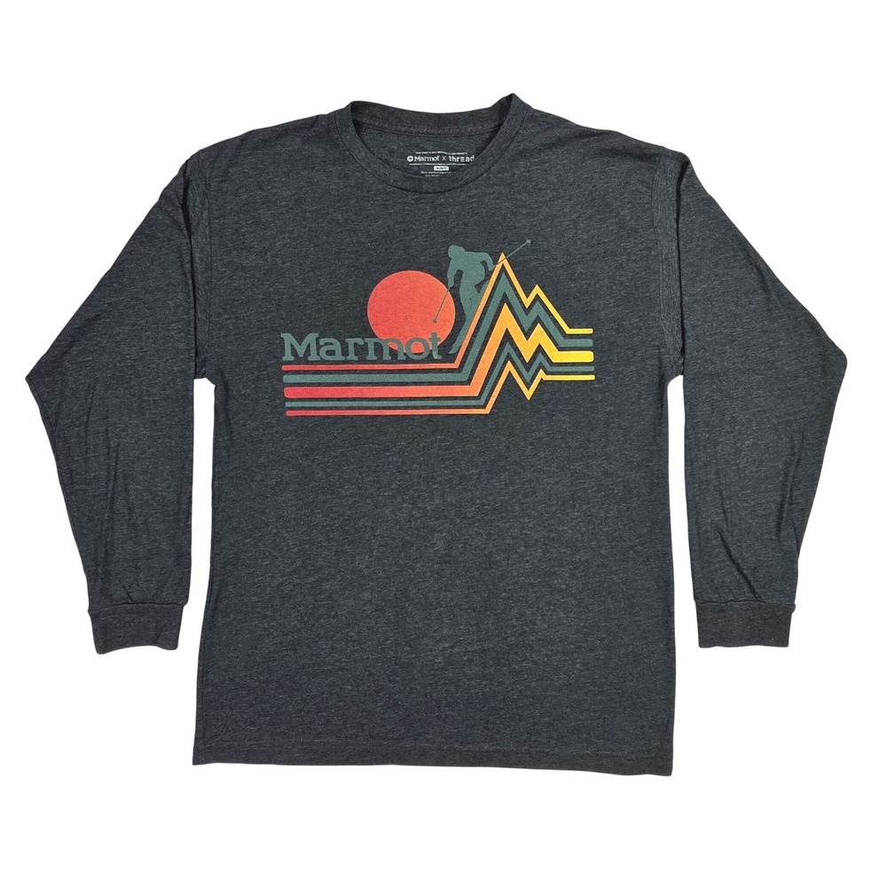 Marmot x Thread Mens Medium Long Sleeve Graphic T-Shirt Charcoal Grey Skier Sun